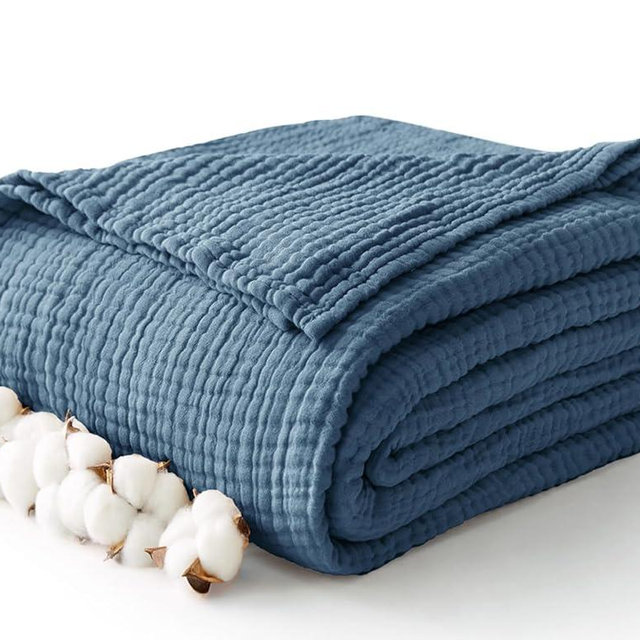 Kozyhvn 100% Cotton Muslin Blanket King 108" x 90", 6 Layers Breathable and Lightweight Cotton Throw Blanket for Bed, Soft Quilt Bedspread Coverlet, Gauze Blanket for Adults All Season, Blue