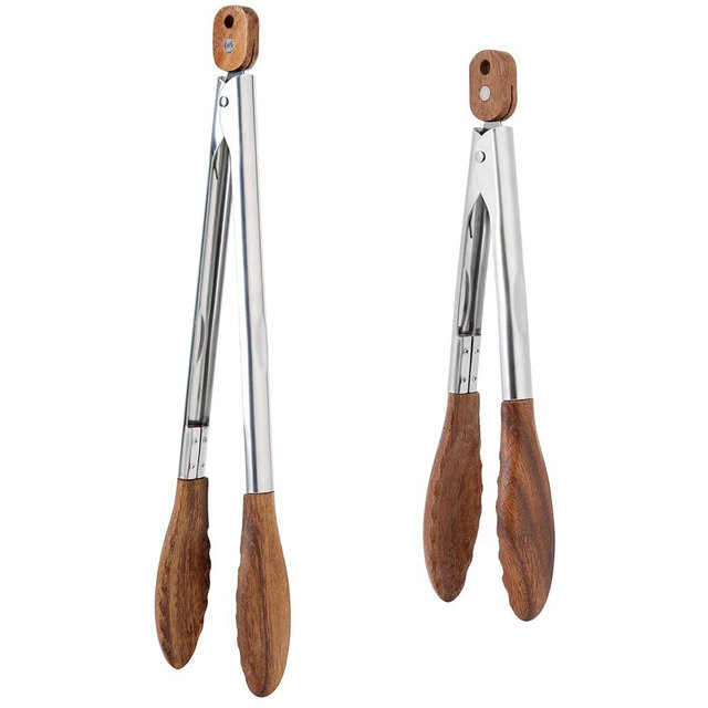 Kitchen Tongs Set - 9" & 12" Anti-Slip Long Wooden Cooking Tongs for BBQ, Grilling, Salad Tossing & Serving - Heat Resistant, Non-Stick Stainless Steel Handles with Hanging Hole