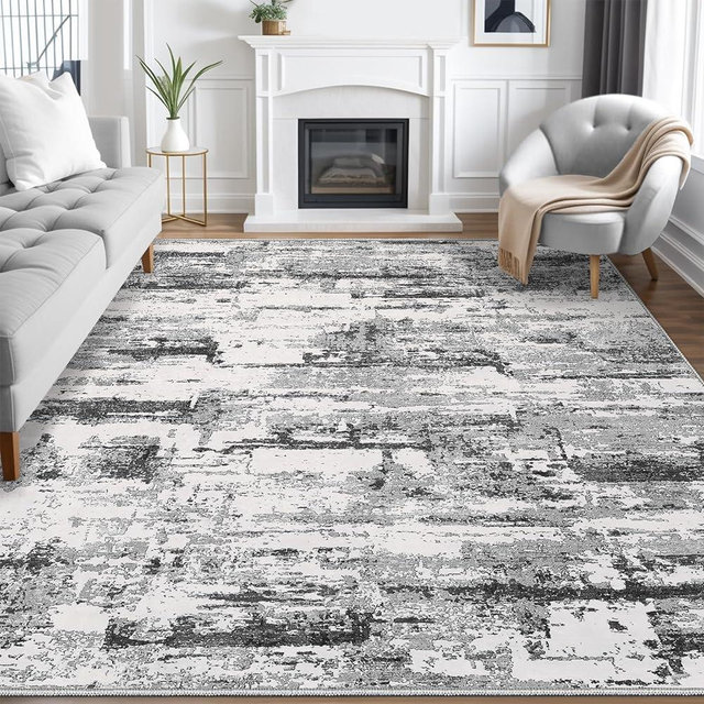 Area Rug Living Room Rugs 9x12: Modern Neutral Abstract Aesthetic Rug for Bedroom Dining Room Table - Large Soft Stain Resistant Machine Washable Rug, Indoor Home Office Carpet - Black Grey