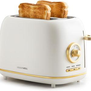 2-Slice Toaster, Wide Slots, 7 Bread Shade Settings, Stainless Steel, Bagel, Cancel, and Defrost Functions, Removable Crumb Tray, Retro Style Toaster,Matte White and Gold
