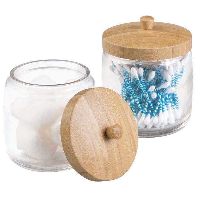 MetroDecor mDesign Bathroom Vanity Canister Jar for Cotton Balls, Swabs, Cosmetic Pads, 2 Piece, Clear/Natural