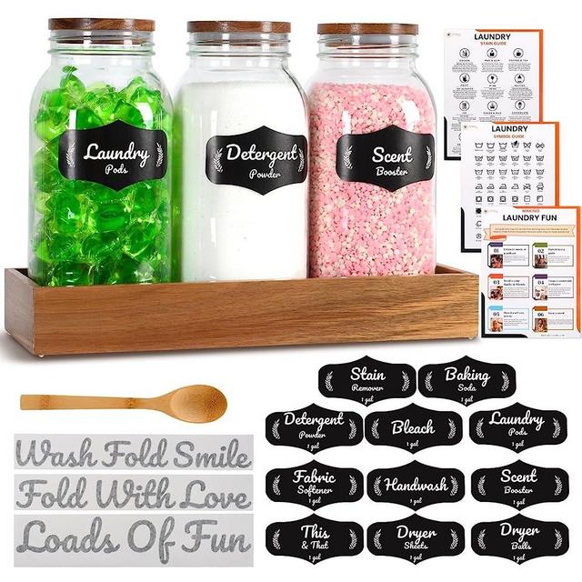 AMEY Laundry Organization and Storage Jars - Detergent, Fabric Softener, Laundry Pod, Dryer Sheet Container Set - Half Gallon Mason Glass Bottles with Lids, Wooden Tray & Spoon, Washing Guide, 3-Pack