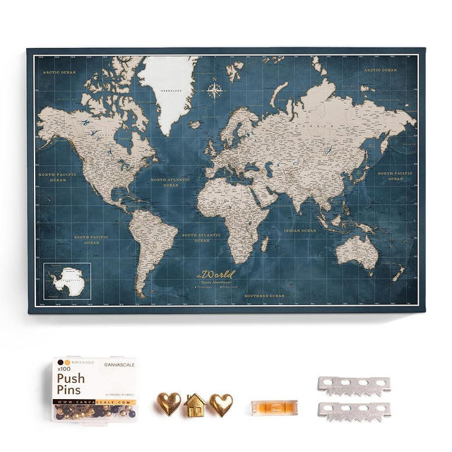 Canvas World Map with Cork Pin Board - English Lettering - Decorative Wall Decoration for All Rooms - Canvas Pictures with World Map Motif (70x50 cm, Pattern 19)