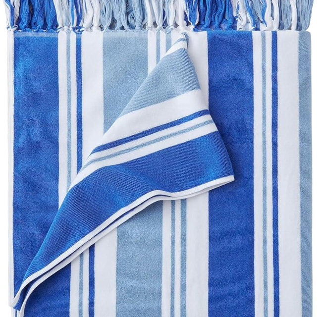 Laguna Beach Textile Co. Striped Cabana Beach Towel - Oversized, Plush 630 GSM Cotton - Bahama Blue