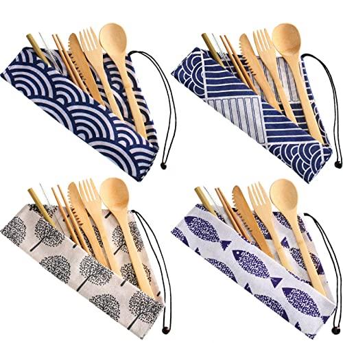 4 Sets Bamboo Travel Utensils Set, Reusable Bamboo Utensil Fork Knife Spoon Chopsticks Straw Cleaning Brush for Travel Picnic Office School (Pattern 2)