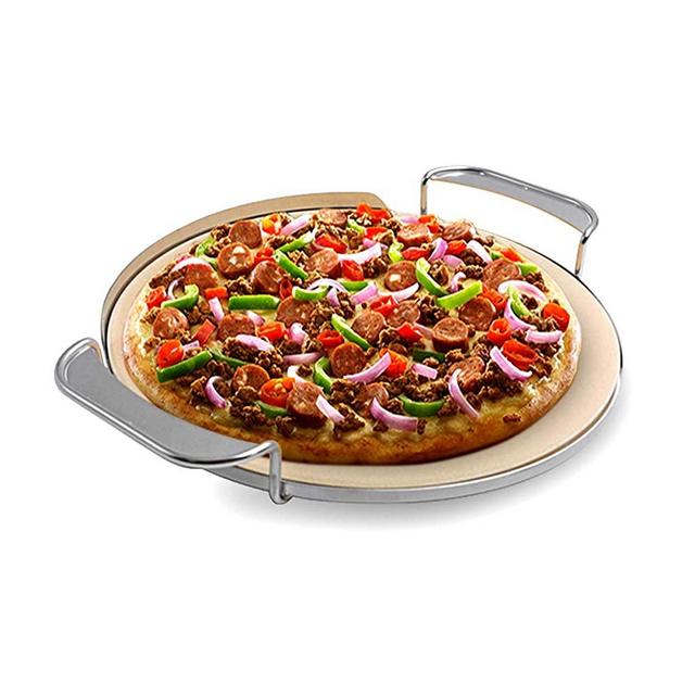 Skyflame Round Ceramic Pizza Baking Stone with Metal Handle Rack Fits for Weber 8836 Gourmet BBQ System, Charcoal Grill, Smoke Grill, Gas Grill, BGE, Kamado Joe, Pizza Oven