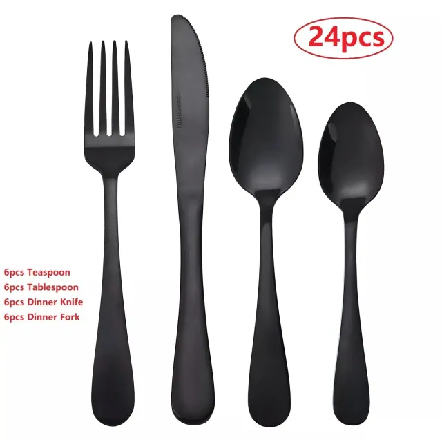 DOMETOUR 24 Pcs Stainless Steel Flatware Cutlery Set, Silverware Set Service for 6 People, Includes Forks Spoons Steak Knives, Black