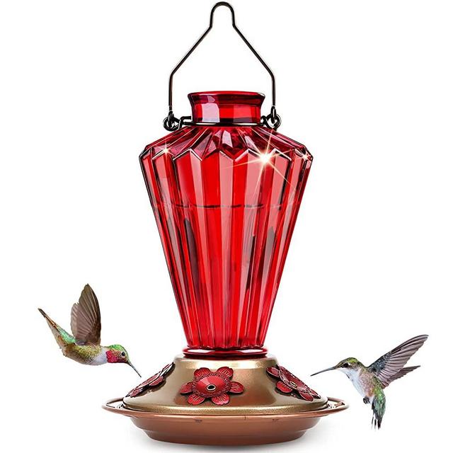 BOLITE 18017-R Hummingbird Feeder, Glass Hummingbird Feeder for Outdoors, Diamond Shape Bottle for Outside, 20 Ounces, Red