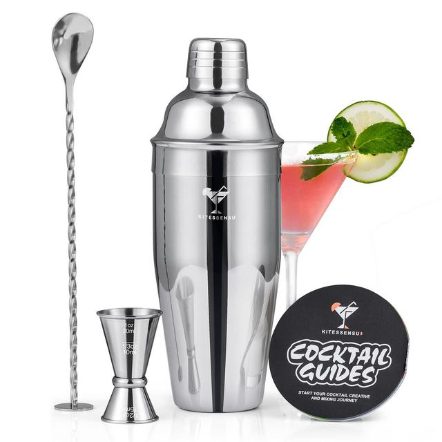Cocktail Shaker, KITESSENSU 25oz Drink Shaker with Bartender Strainer, Measuring Jigger, Bar Mixing Spoon, Cocktail Recipe Guide, Professional Drink Mixer Set for Beginners, Silver