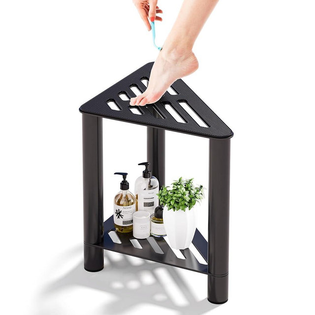Boulphia Shower Stool for Shaving Legs, Shower Bench for Inside Shower, Corner Shower Bench, Shower Shaving Foot Rest Suitable for Small Shower Spaces-Safe & Stable with Storage Shelf - Black