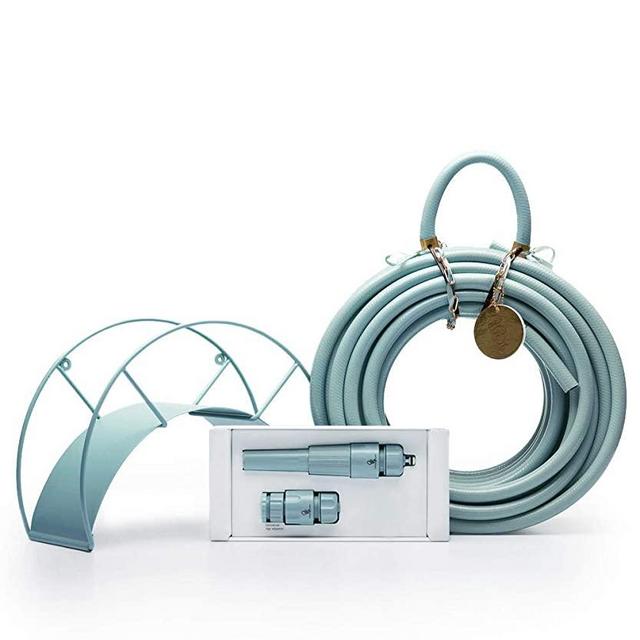 Turquoise Garden Hose and Hose Holder Kit - Caribbean Kiss - Exclusive Designed Water Hose, Wall Mounted Hose Hanger, and Nozzle (multiple colors available)