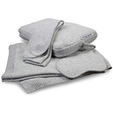 Jet&Bo 100% Pure Cashmere Travel Set: Blanket, Eye Mask, Socks, Carry/Pillow Case Gray