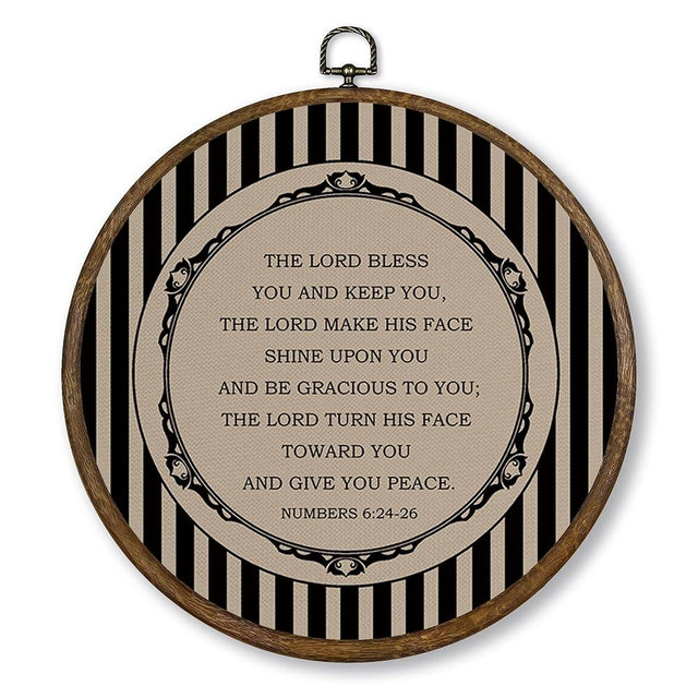 Qskjre Vintage Christian Wall Art Decor, Black Striped Bible Verse Numbers 6:24-26 Round Wood Framed Canvas Wall Artwork, Religious Hanging Prints for Living Prayer Room Gallery Decorations, 10x10in