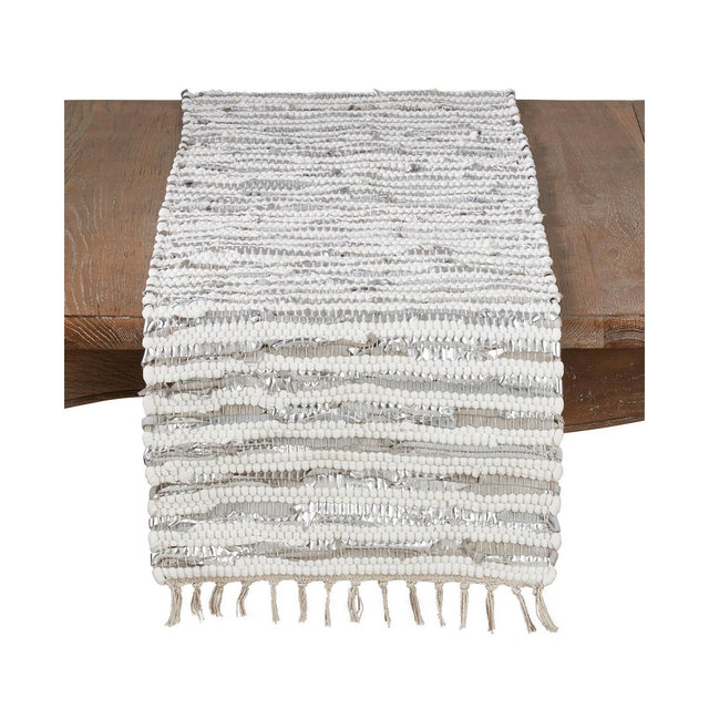 Saro Lifestyle Leather and Cotton Woven Chindi Table Runner