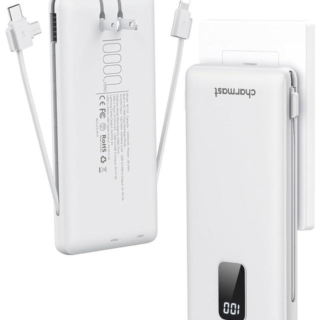 charmast Portable Charger with Built-in Cables and Plug, 10000mAh USB C Power Bank Fast Charging, External Battery Pack Slim, Travel Essentials Compatible with iPhones, Samsung Galaxy, iPad