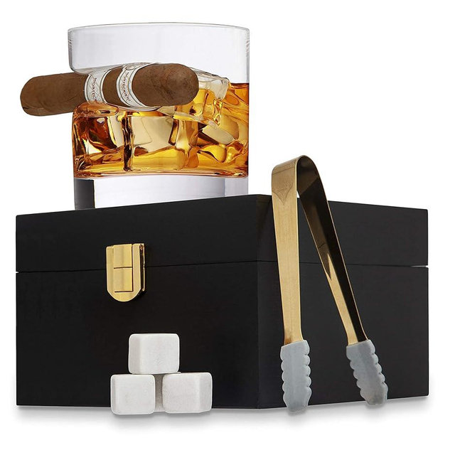 Godinger Cigar Whiskey Glass Wooden Gift Box Set with Old Fashioned Glass, Cooling Whiskey Stones and Tongs Bar Set