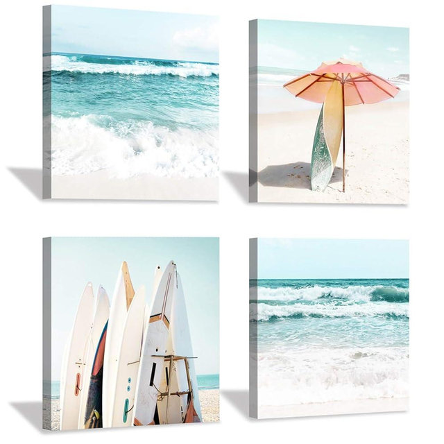 Beach Canvas Wall Art Painting: Summer Surfboard and Umbrella on Beach Picture Print for Living Room (16'' x 16'' x 4 Panels)