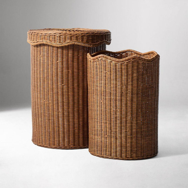 Scalloped Hamper, Rattan, Walnut, Set of 2