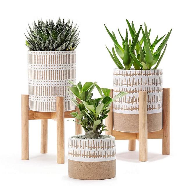 Very Cute Set of 3 Stoneware pots with Two Plant Stands - Two pots are 5.75" high and 4.5" Wide and The Smaller is 3.5" high x 4" Wide. - Plants not Included. The pots do not Have Drainage Holes.