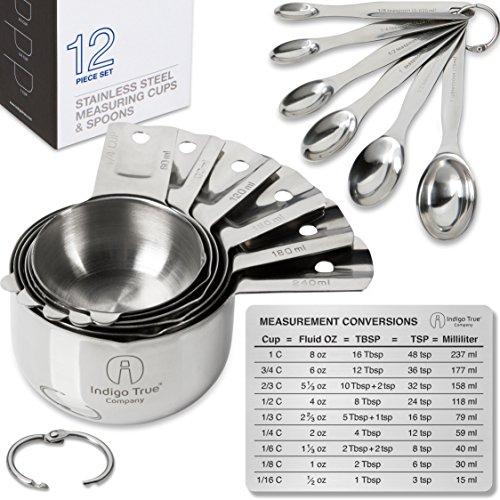 Stainless Steel Measuring Cups and Spoons - Stackable 12 pcs Set with ORIGINAL Magnetic Measurement Conversion Chart