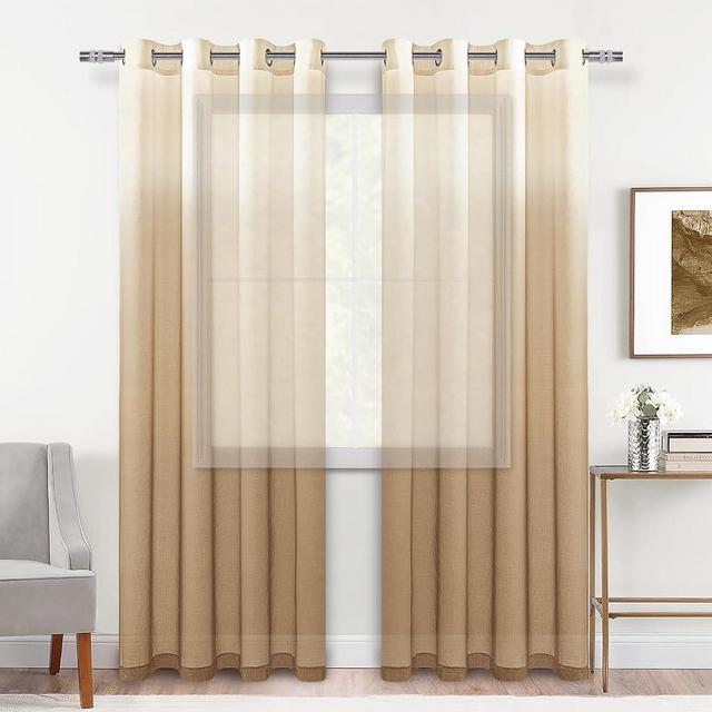DWCN Ombre Sheer Curtains - Faux Linen Gradient Semi Voile Grommet Top Drapes Bedroom and Living Room Curtains, Set of 2 Window Curtain Panels, 52 x 84 Inch Length, Taupe