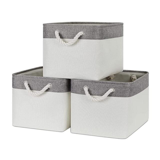 Bidtakay White Baskets with Cotton Rope Handles Decorative Storage Bins [3-pack] Fabric Bins for Organization Linen Closet Shelf Storage Baskets for Clothes Toys Towels 15 X 11 X 9.5 Inches