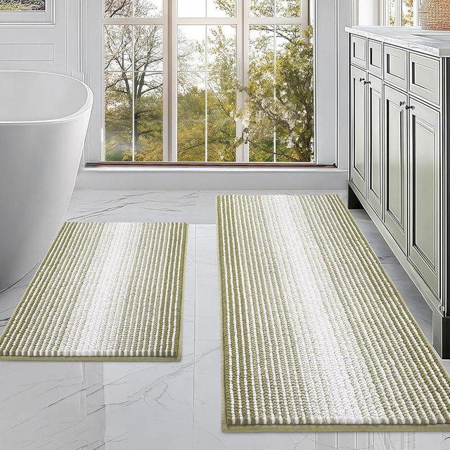 BSICPRO Bathroom Rugs and Mats Sets, 2 Piece Thick Absorbent Chenille Non Slip, Soft Shaggy Floor Mats, Machine Washable (Linden Green, 20" x 47" Plus 16" x 24")