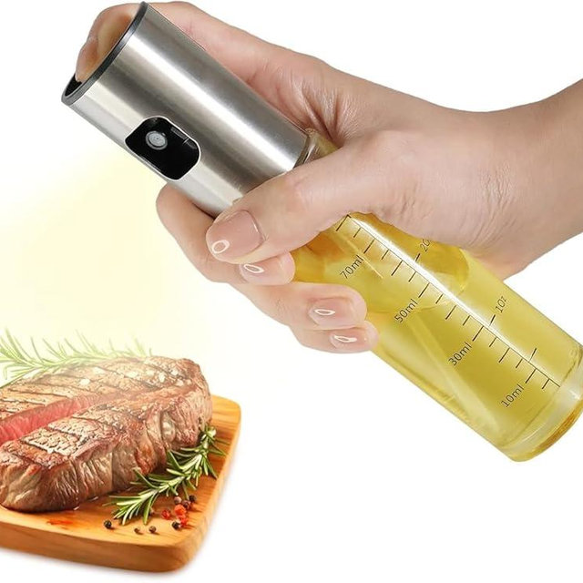 2 Pack Oil Sprayer for Cooking, 3.5 OZ Olive Oil Dispenser Bottle for Kitchen Gadgets, Food, Air Fryer, Salad, Vinegar, BBQ, Stainless Steel Pump for Mist Spray, Glass Metarial Mister, 100 ML