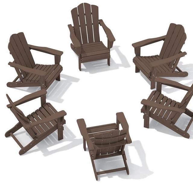 KINGYES Folding Adirondack Chair Set of 6, HDPE All-Weather Folding Adirondack Chair, Brown