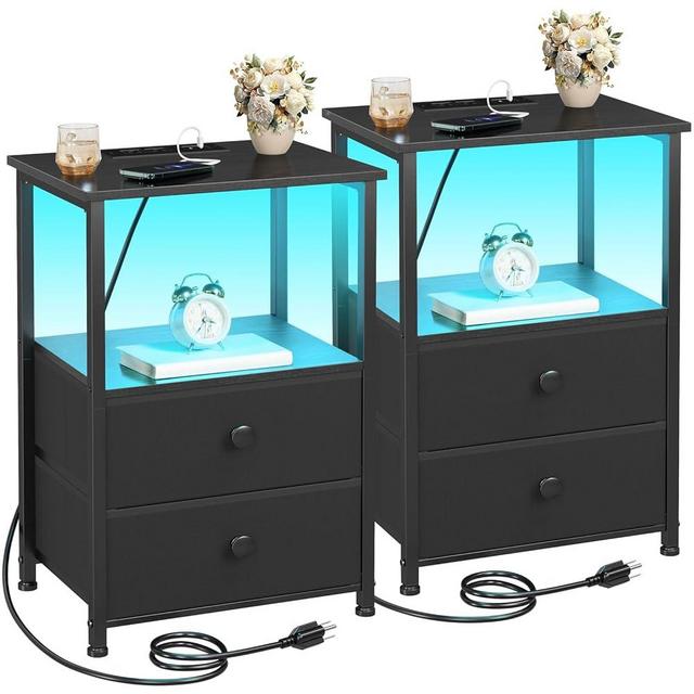 LOAKEKEL Night Stand Set 2, LED Nightstand with Charging Station, End Tables with Storage Shelf, Bedside Table with 2 Fabric Drawers for Bedroom, Small Spaces, Black, HETS02BK