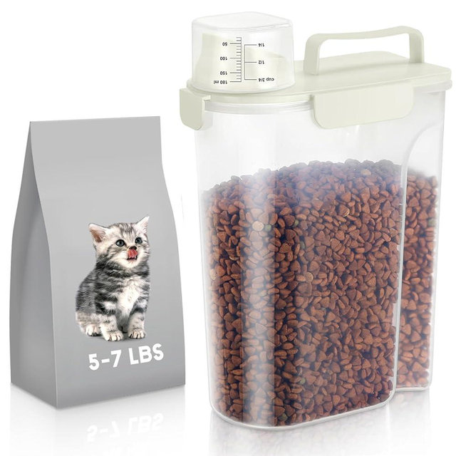 LEAWALK 5Lbs Dog Cat Storage Container Portable with Upgraded Large Spout and Cup, Plastic Pet Food Dispenser for Small Animal Kibble, Bird Seed, Oatmeal, Rice, Flour, Brown Sugart -Elegant White