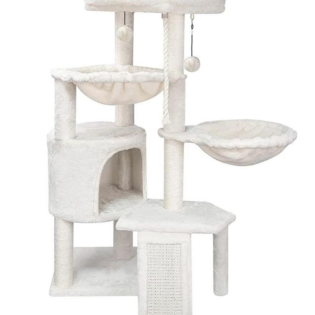 WANG Xin Three Layer Cat Tree with Cat Condo Scratch Pad and Two Hammocks,Beige