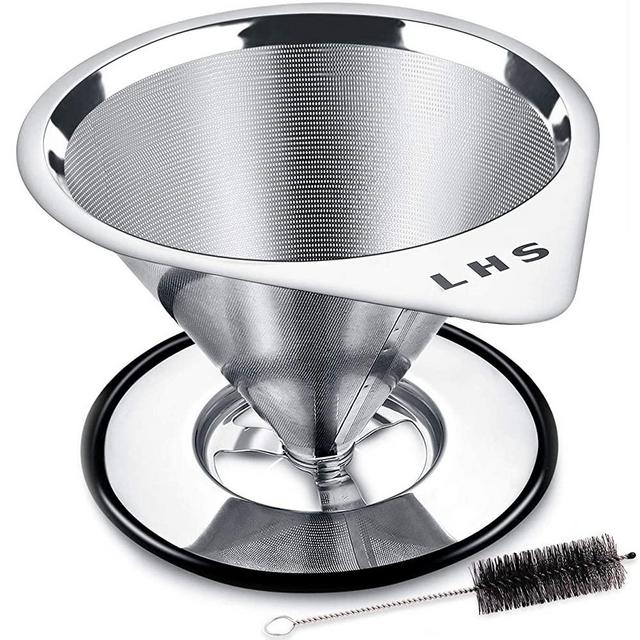 Pour Over Coffee Dripper Stainless Steel LHS Slow Drip Coffee Filter Metal Cone Paperless Reusable Single Cup Coffee Maker 1-2 Cup With Non-slip Cup Stand and Cleaning Brush …