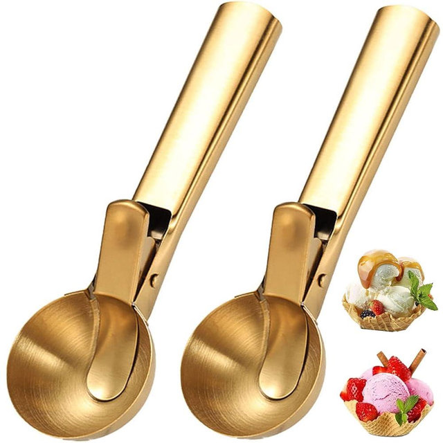 Ice Cream Scooper Stainless Steel, Cookie Scoopwith Trigger Heavy Duty Metal Icecream Scoop,Cookie Scoop Large Size Perfect For Frozen Yogurt, Gelatos, Sundaes,gold ice cream scoop (gold 2 Pack)