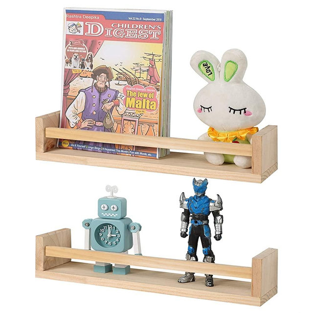 Jorikchuo Nursery Book Shelves, Set of 2 Wood Floating Book Shelves for Kids Room, Kitchen Spice Rack, or Rustic Wall Mounted Shelves for Farmhouse Bathroom Decor (Natural Wood)
