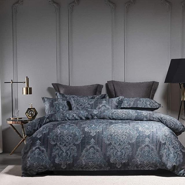 homebox 1200TC Egyptian Cotton King Duvet Cover Paisley Print,Reversible Damask Medallion Percale Duvet Cover Set,Comforter Cover 3pcs,Ultra Soft Cotton Bedding (King,Navy)