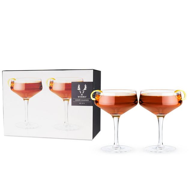 Viski Raye Angled Crystal Coupe Glasses Set of 2, Lead-Free Premium Crystal Clear Glass, Coupe Cocktail Glasses, Stemmed Cocktail Glass Gift Set, 7 oz