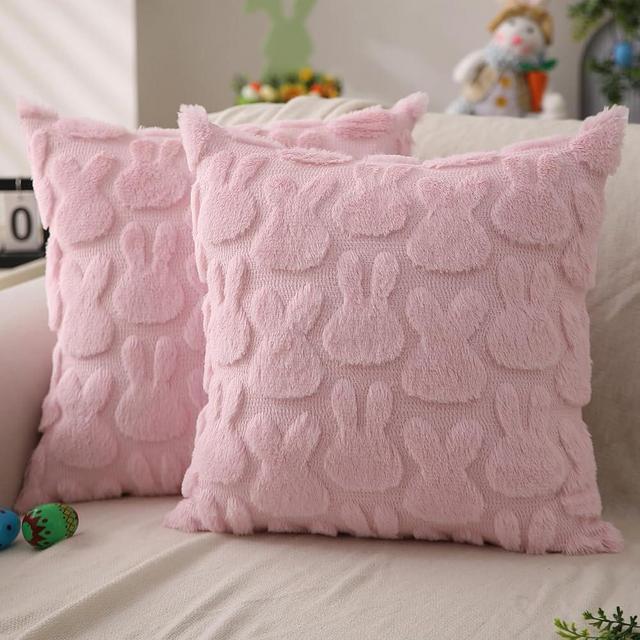 DFXSZ Easter Pillow Covers 20x20 inch Set of 2 Easter Decoration Pink Rabbit Soft Plush Faux Fur Jacquard Throw Pillows for Bedroom Sofa Holiday Festivals Home Decor FHJ-010B20
