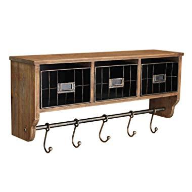 Rustic Coat Rack Wall Mounted Shelf with Hooks & Baskets, Entryway Organizer Wall Shelf with 5 Coat Hooks and Cubbies, Solid Wooden Shelf with Hooks - Hang Coats, Towels, Hats, Keys or Coffee Mugs!