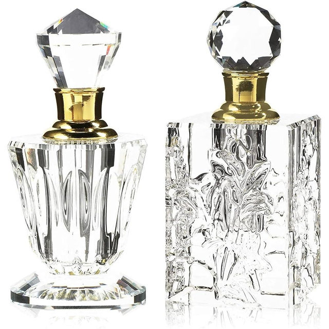 Okuna Outpost Crystal Perfume Bottle Set of 2 - Empty Refillable Vintage Glass Bottles for Fragrance & Essential Oils - Antique-Style