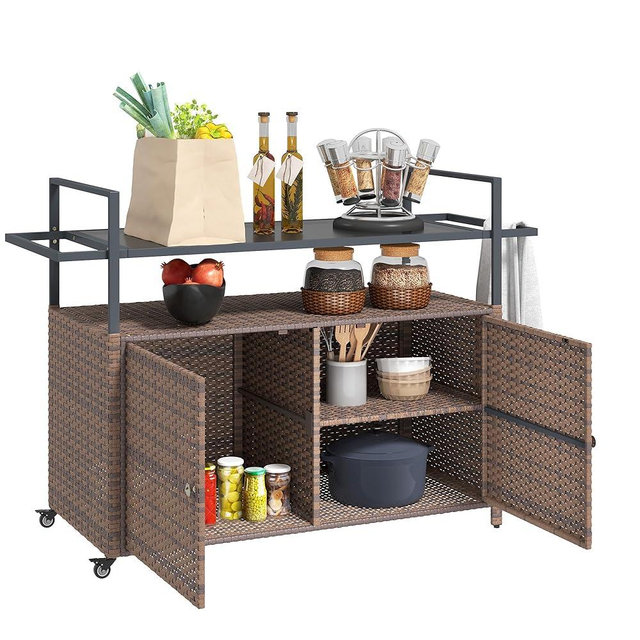 Outsunny PE Rattan Outdoor Storage Cabinet, Wicker Outdoor Bar Table Kitchen Island with Wheels & 2-Tier Shelf, Patio Serving Cart with Glass Top, Handles, Towel Racks for Poolside, Mixed Brown