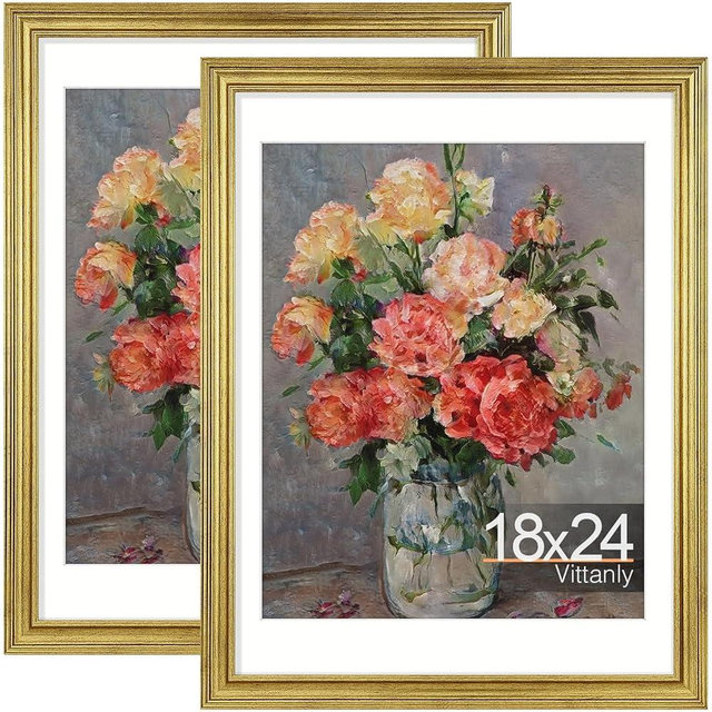 Vittanly 18x24 Picture Frames Set of 2, Ornate Vintage Photo Frame for Wall Mount, Display 16x20 Pictures with Mat or 18x24 without Mat, Rustic Gold