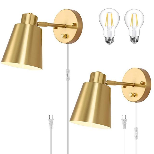 VATONI Plug in Wall Sconce, Dimmable Wall Sconces Adjustable Angle Wall Lights with Plug in Cord and Dimmer On/Off Rotary Switch, Gold Wall Mounted Light for Bedroom Bedside Stairway(2 Pack, 2 Bulbs)