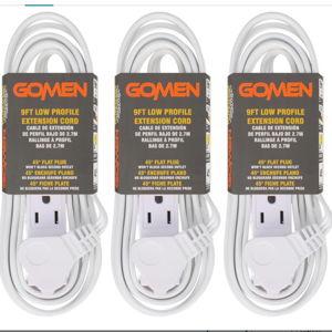 GOMEN 9 Feet Indoor Extension Cord with 3 Outlets, AWG 16/3 Angled Flat Plug Power Strip, 3 Prong Grounded, 13 Amps - 1625 Watts - 125 VAC, White, 4 Pack