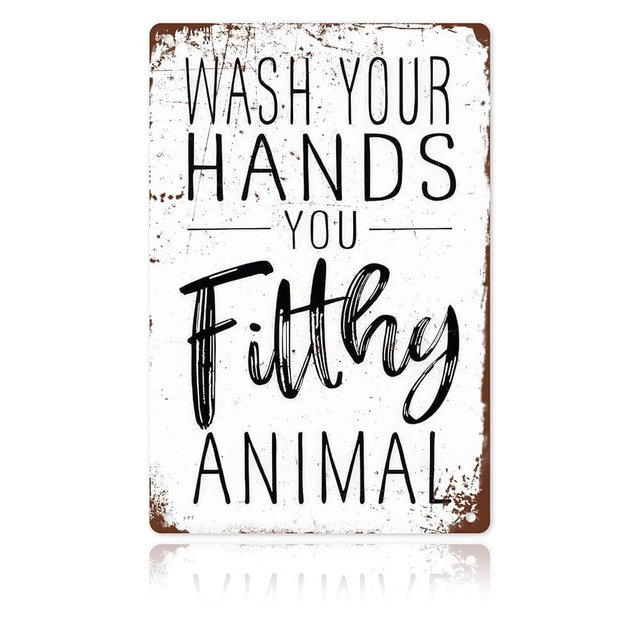 Funny Bathroom Wall Decor Metal Sign - Wash Your Hands You Filthy Animal, Humor Quote Gifts for Guest Bath & Office Restroom 8x12 Inches (701)