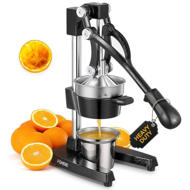 FOHERE Orange Juicer Squeezer, Cast Iron Lemon Squeezer, Commercial Citrus Juicer Hand Press for Orange, Lemon, Pomegranate, Grapefruit, Easy to Clean Citrus Squeezer with a Stainless Steel Cup