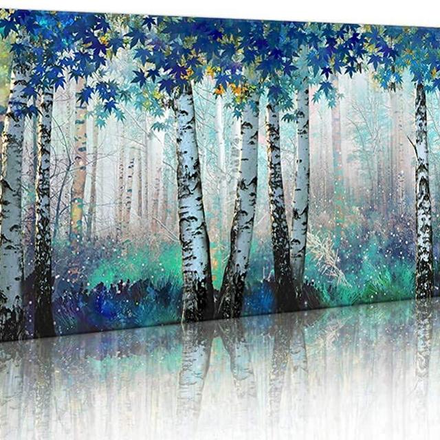 Large White Birch Forest Wall Art Decor Canvas Picture Print Blue Green Tree Blue Maple Leaf Plant Living Room Bedroom Bathroom Office Modern Framed Artwork Home Kitchen Decoration