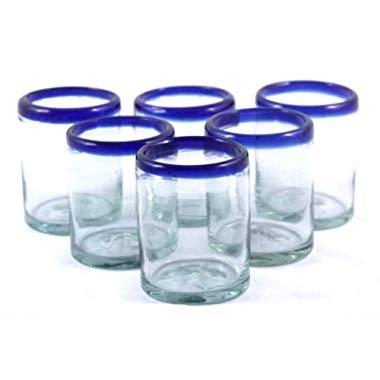 Mexican Blown Glass Tumblers Cobalt Blue Rim (Set of 6)
