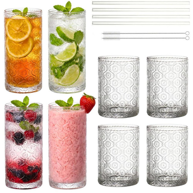 FERAHI Clear Drinking Glasses Set of 8, 12 Oz Highball & 10 Oz Cocktail Glasses with Straws, Thick Glass Iced Coffee Cups, Floral Embossed Kitchen Vintage Glassware Set for Water, Beer, Juice, Whiskey