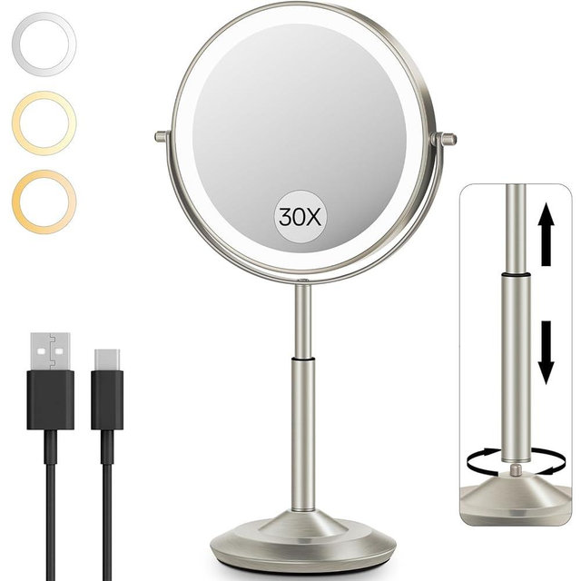 VFD 30X/1X Makeup Mirror with Lights, Height Adjustable Lighted Magnifying Vanity Mirror with 3 Lighting and Adjustable Brightness, 3000mAh Rechargeable Double Sided Switch for Desk Women Gift
